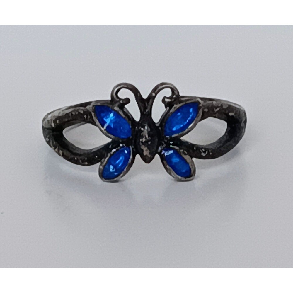 Vintage Nevada Silver Mine 925 Sterling Silver Blue Butterfly Ring Sz 4.5 Adjust